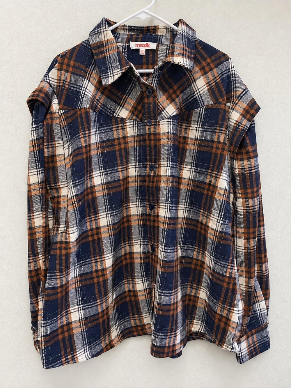 Mazik Men's Navy, Brown and Cream Plaid Button-Down Shirt